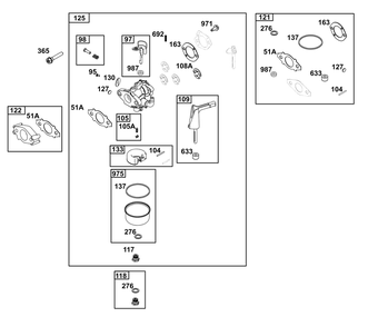 Carburetor Group Diagram and Parts List for 15T232-1850-F1 100000 - 19Z999 Briggs and Stratton Engine